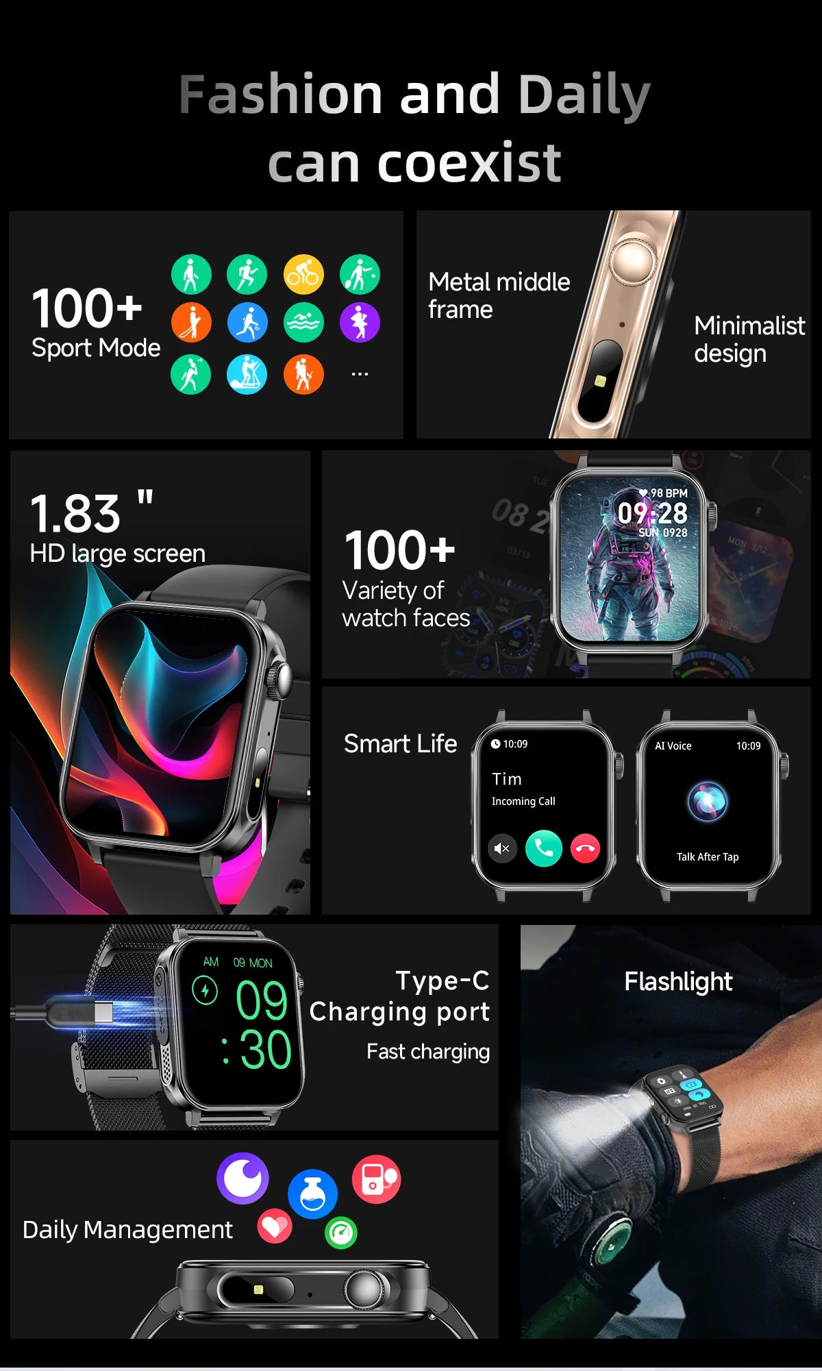 LIGE 1.83" HD Screen Smart Watch Men BT Call type-c Fast Charging New Watches IP67 Waterproof Sports Health Monitor Smartwatches