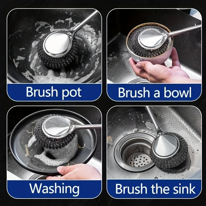 20/1Pcs Cleaning Brush Long Handle Pot Brush Kitchen Pan Pot Dishes Steel Wool Steel Wire Metal Wool Scourer Household Cleaning