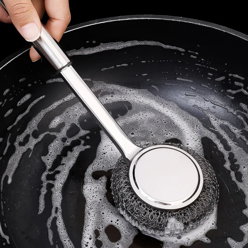 20/1Pcs Cleaning Brush Long Handle Pot Brush Kitchen Pan Pot Dishes Steel Wool Steel Wire Metal Wool Scourer Household Cleaning