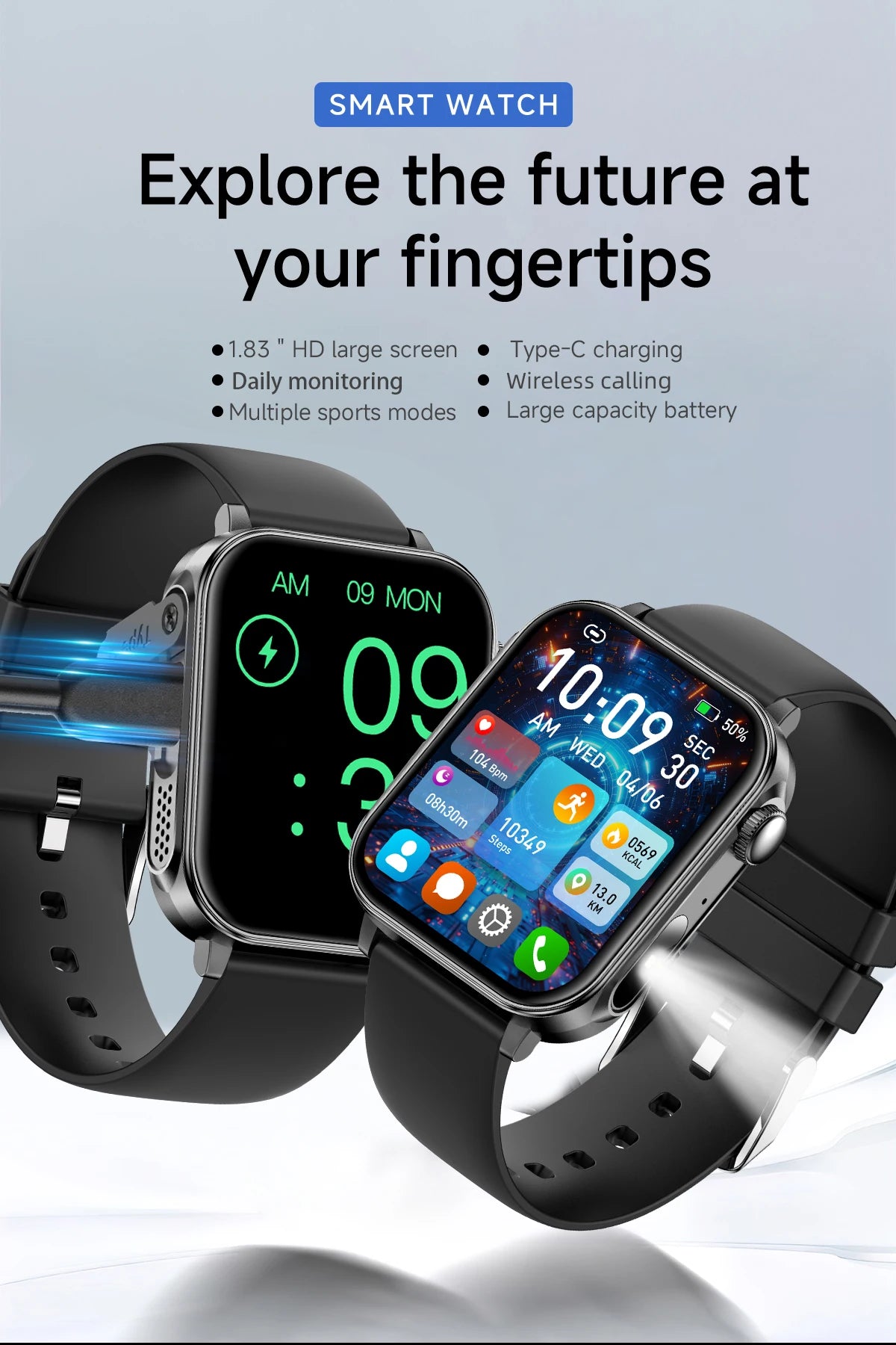 LIGE 1.83" HD Screen Smart Watch Men BT Call type-c Fast Charging New Watches IP67 Waterproof Sports Health Monitor Smartwatches