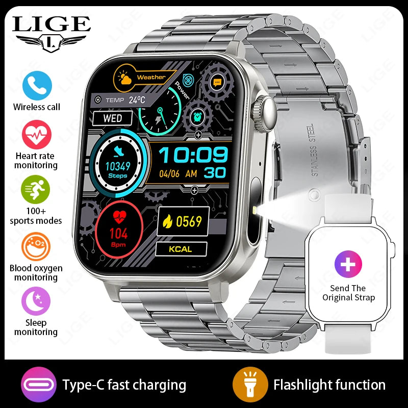 LIGE 1.83" HD Screen Smart Watch Men BT Call type-c Fast Charging New Watches IP67 Waterproof Sports Health Monitor Smartwatches