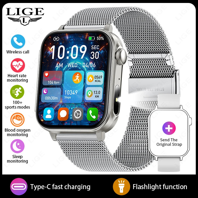 LIGE 1.83" HD Screen Smart Watch Men BT Call type-c Fast Charging New Watches IP67 Waterproof Sports Health Monitor Smartwatches