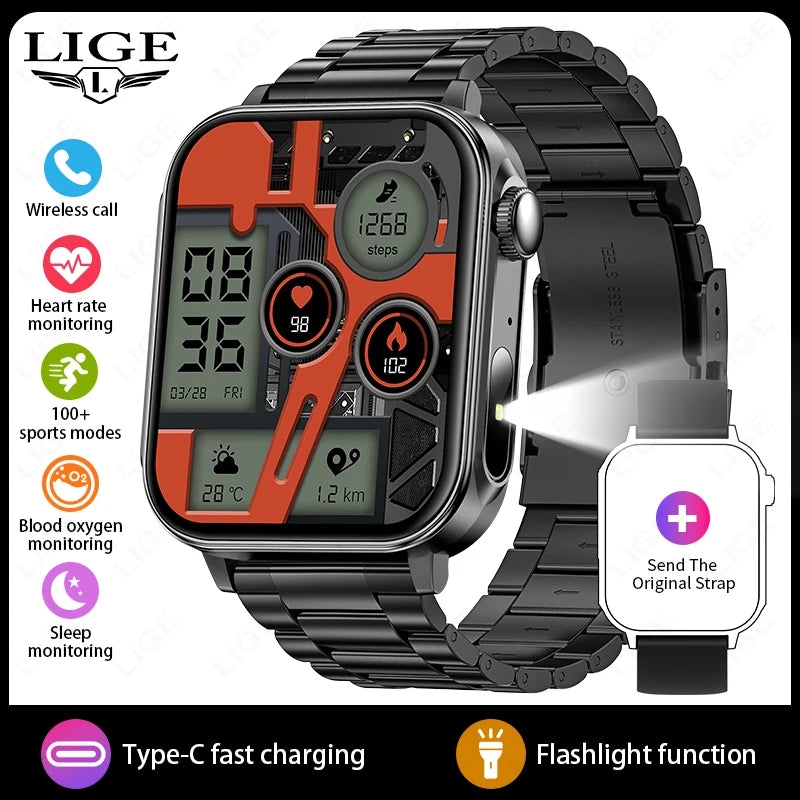 LIGE 1.83" HD Screen Smart Watch Men BT Call type-c Fast Charging New Watches IP67 Waterproof Sports Health Monitor Smartwatches