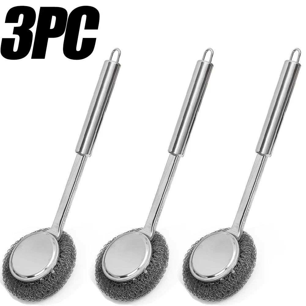 20/1Pcs Cleaning Brush Long Handle Pot Brush Kitchen Pan Pot Dishes Steel Wool Steel Wire Metal Wool Scourer Household Cleaning