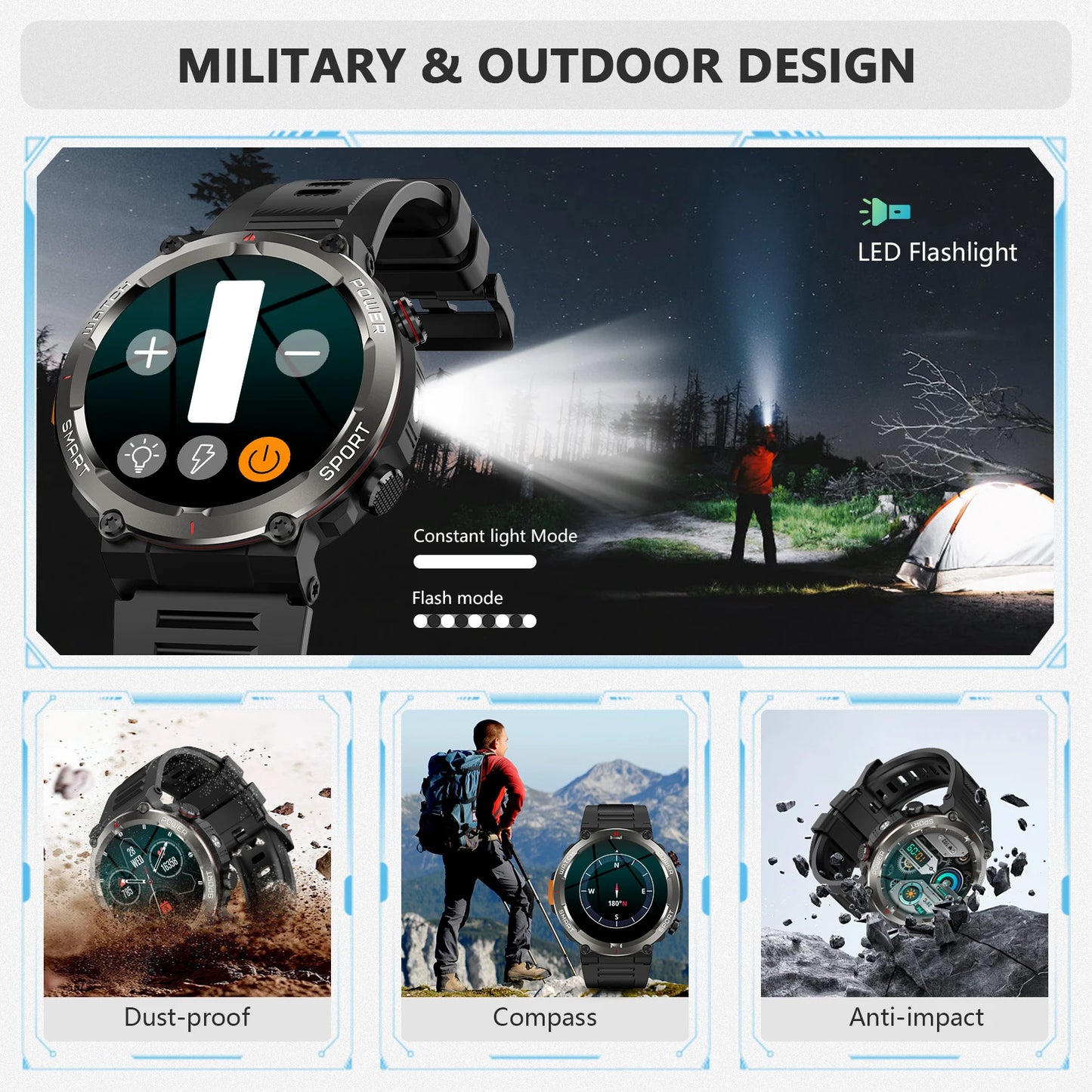 Blackview New IP68 Waterproof Smart Watch with LED Flashlight 960mAh Battery Life Bluetooth Call Outdoor Watches for Man Woman