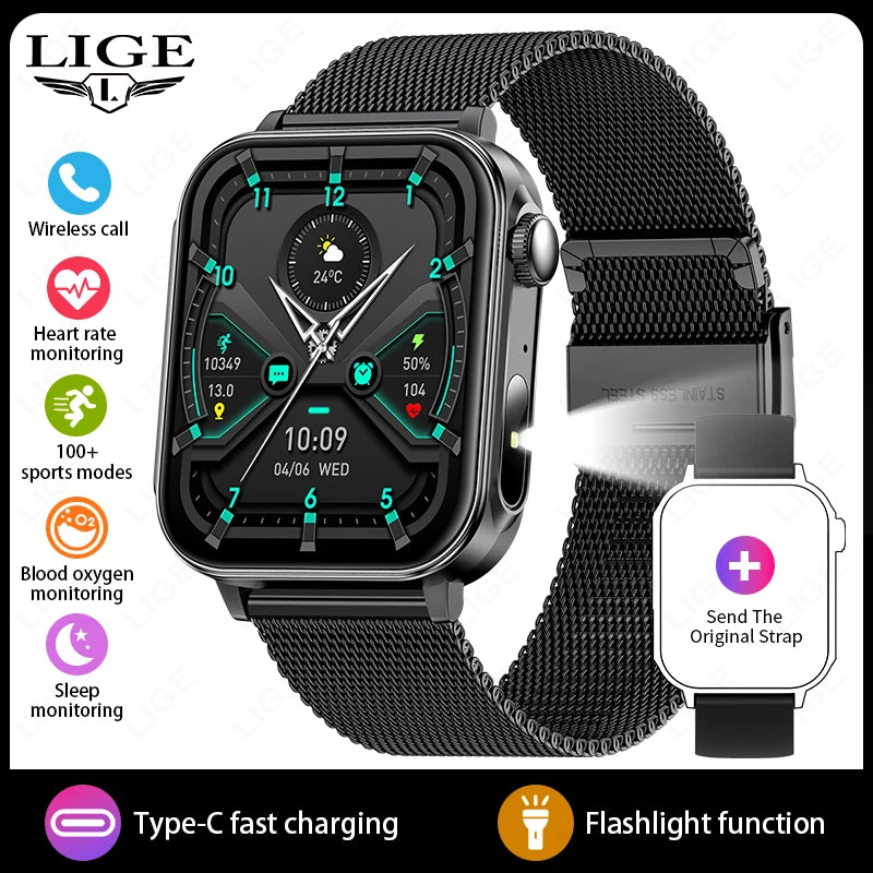LIGE 1.83" HD Screen Smart Watch Men BT Call type-c Fast Charging New Watches IP67 Waterproof Sports Health Monitor Smartwatches
