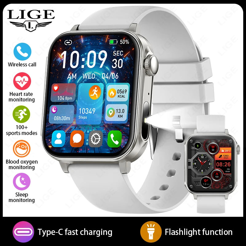 LIGE 1.83" HD Screen Smart Watch Men BT Call type-c Fast Charging New Watches IP67 Waterproof Sports Health Monitor Smartwatches
