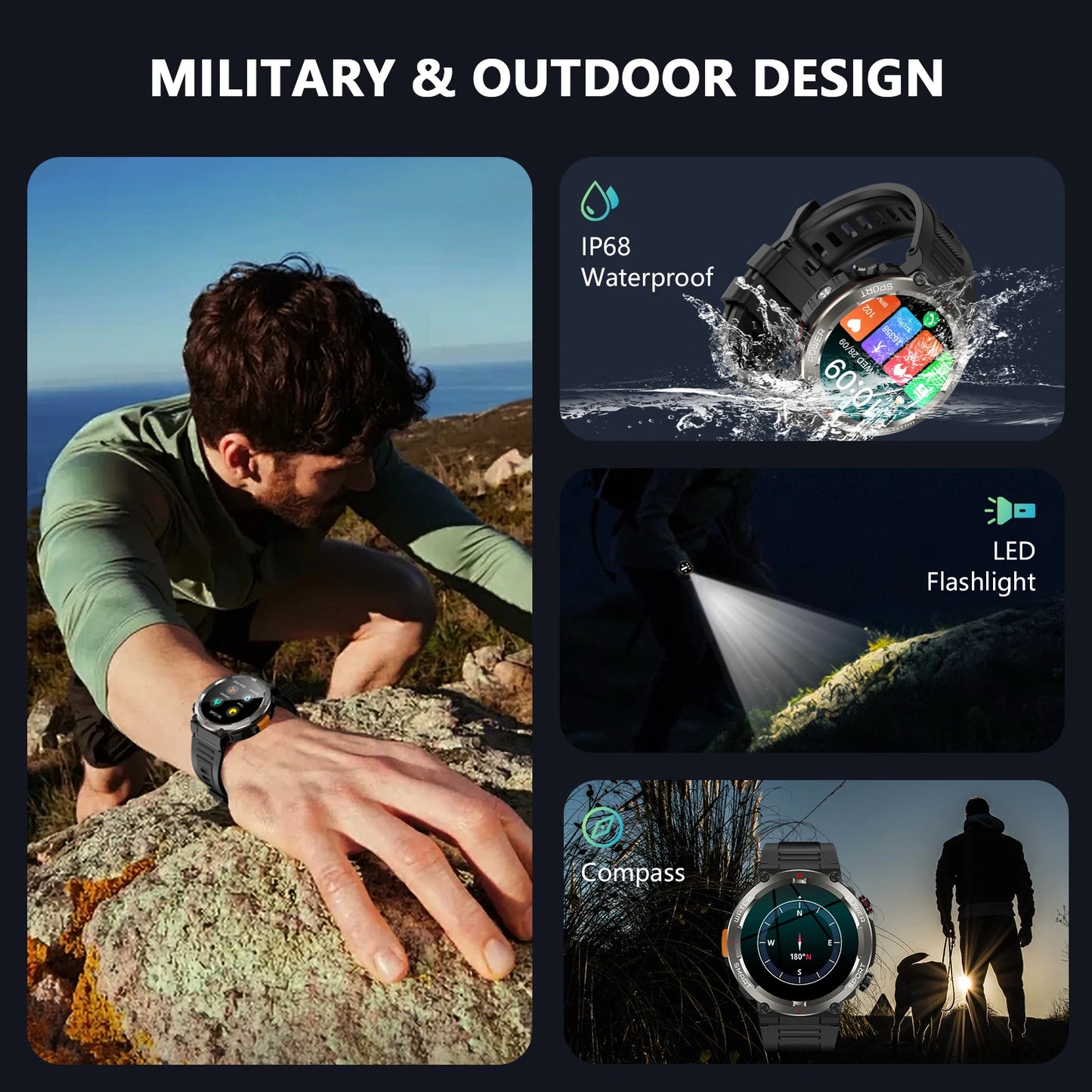 Blackview New IP68 Waterproof Smart Watch with LED Flashlight 960mAh Battery Life Bluetooth Call Outdoor Watches for Man Woman