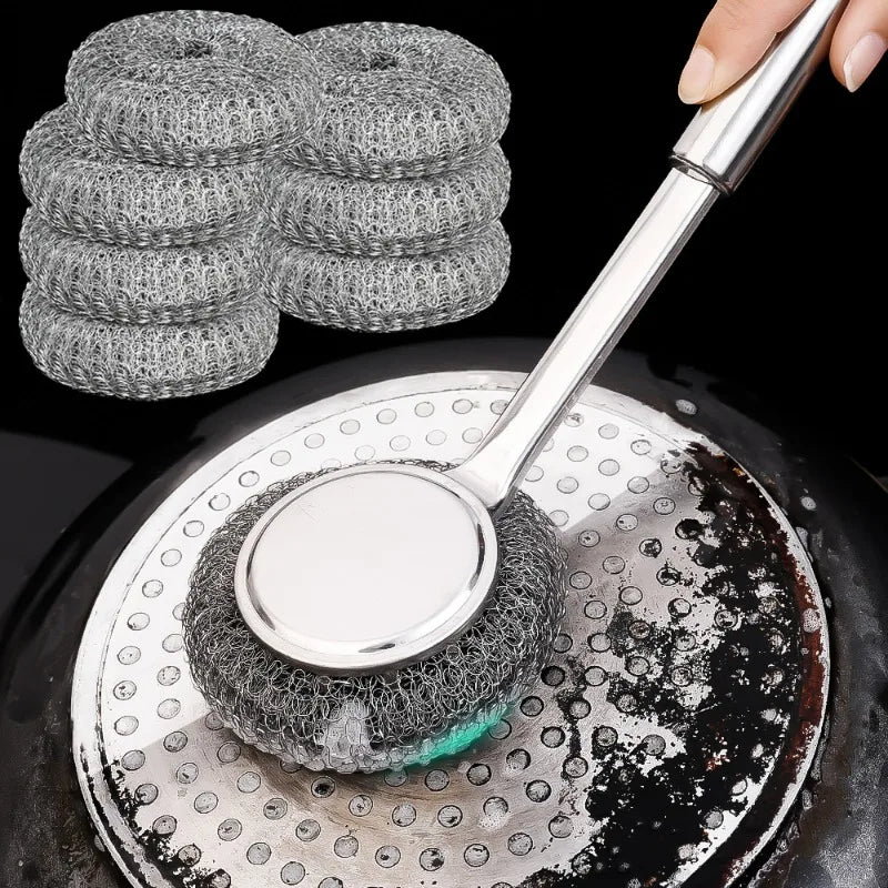 20/1Pcs Cleaning Brush Long Handle Pot Brush Kitchen Pan Pot Dishes Steel Wool Steel Wire Metal Wool Scourer Household Cleaning