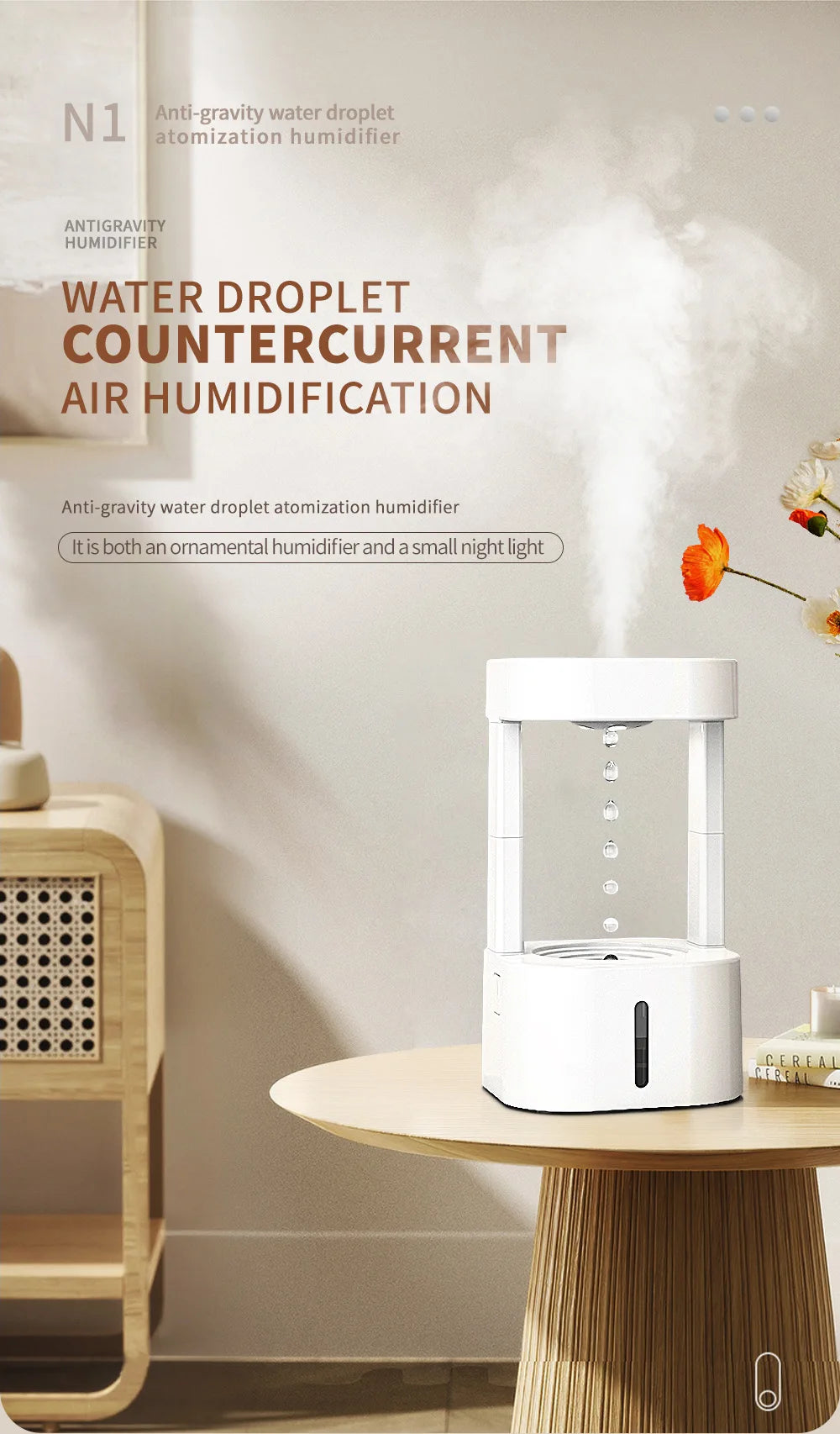 Anti-Gravity Drip Humidifier, LED Colorful Night Light Remote Control