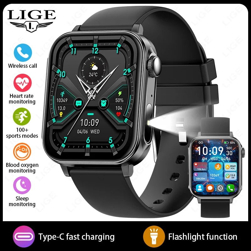 LIGE 1.83" HD Screen Smart Watch Men BT Call type-c Fast Charging New Watches IP67 Waterproof Sports Health Monitor Smartwatches