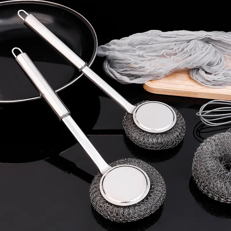 20/1Pcs Cleaning Brush Long Handle Pot Brush Kitchen Pan Pot Dishes Steel Wool Steel Wire Metal Wool Scourer Household Cleaning