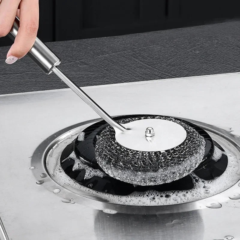 20/1Pcs Cleaning Brush Long Handle Pot Brush Kitchen Pan Pot Dishes Steel Wool Steel Wire Metal Wool Scourer Household Cleaning
