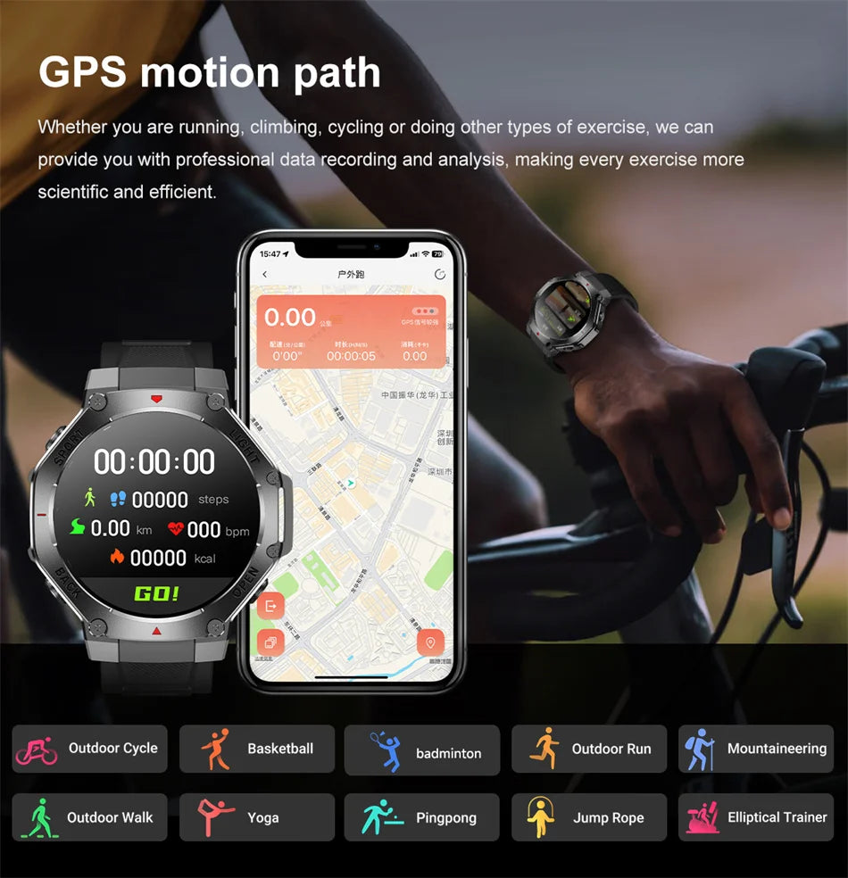 2025 New Men Sports Smart Watch GPS AMOLED Heart Rate Monitoring LED Flashlight NFC Bluetooth Call 3ATM Waterproof Smartwatches