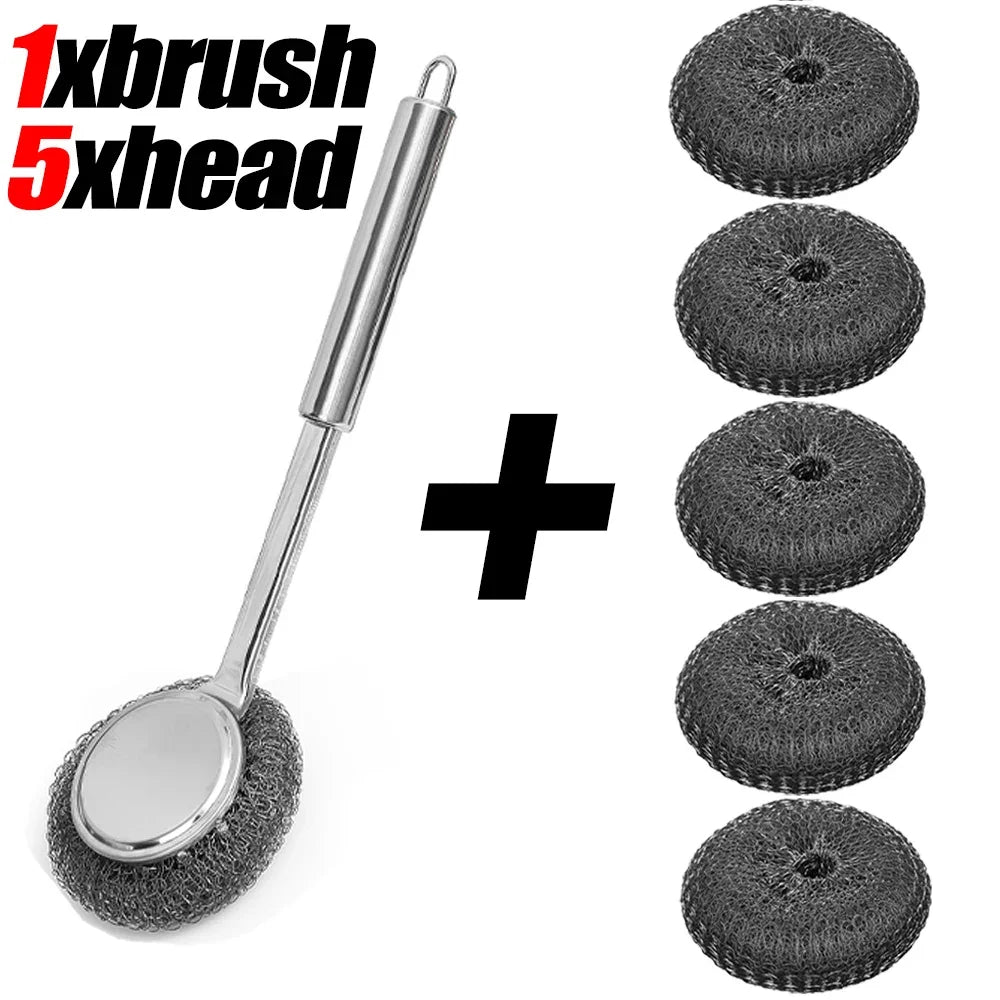 20/1Pcs Cleaning Brush Long Handle Pot Brush Kitchen Pan Pot Dishes Steel Wool Steel Wire Metal Wool Scourer Household Cleaning