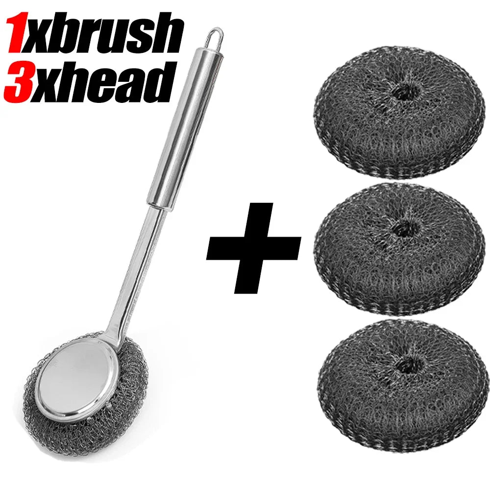 20/1Pcs Cleaning Brush Long Handle Pot Brush Kitchen Pan Pot Dishes Steel Wool Steel Wire Metal Wool Scourer Household Cleaning
