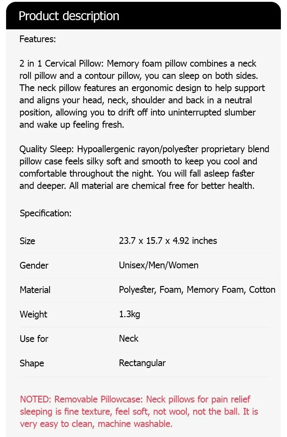 1pc Memory Foam Cervical Pillow, 2 in 1 Ergonomic Contour Orthopedic Pillow