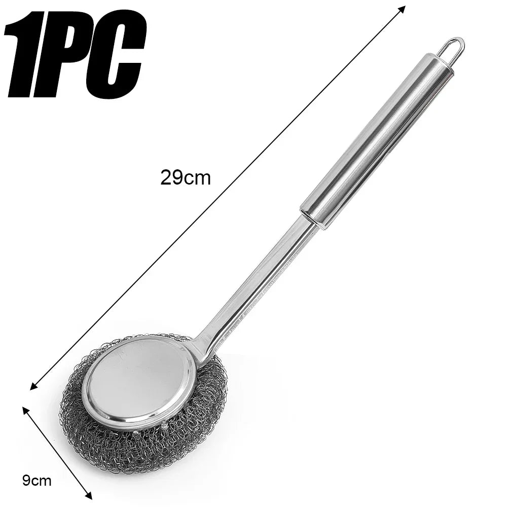 20/1Pcs Cleaning Brush Long Handle Pot Brush Kitchen Pan Pot Dishes Steel Wool Steel Wire Metal Wool Scourer Household Cleaning