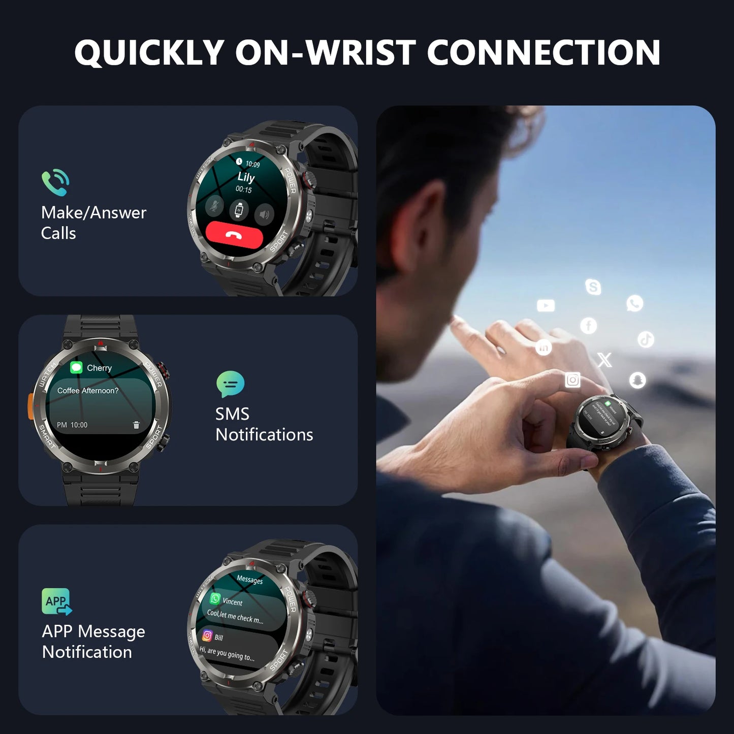 Blackview New IP68 Waterproof Smart Watch with LED Flashlight 960mAh Battery Life Bluetooth Call Outdoor Watches for Man Woman