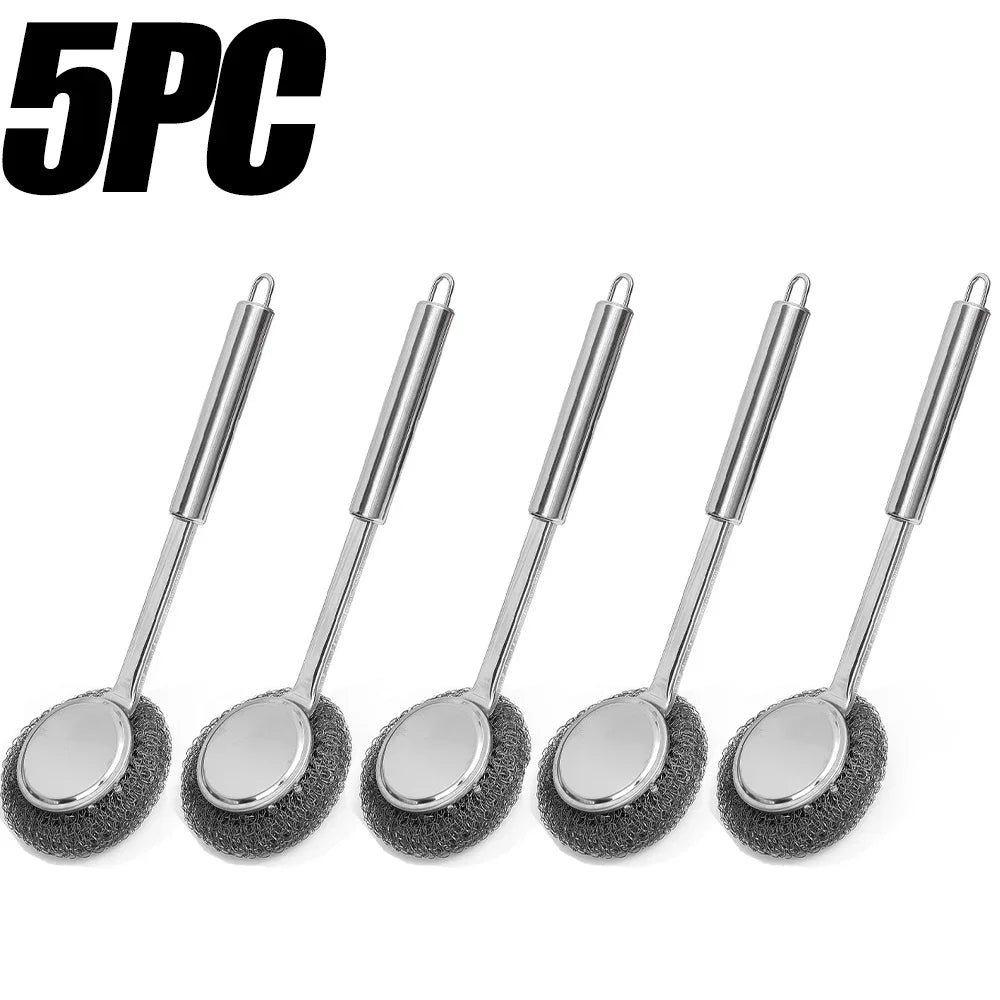 20/1Pcs Cleaning Brush Long Handle Pot Brush Kitchen Pan Pot Dishes Steel Wool Steel Wire Metal Wool Scourer Household Cleaning