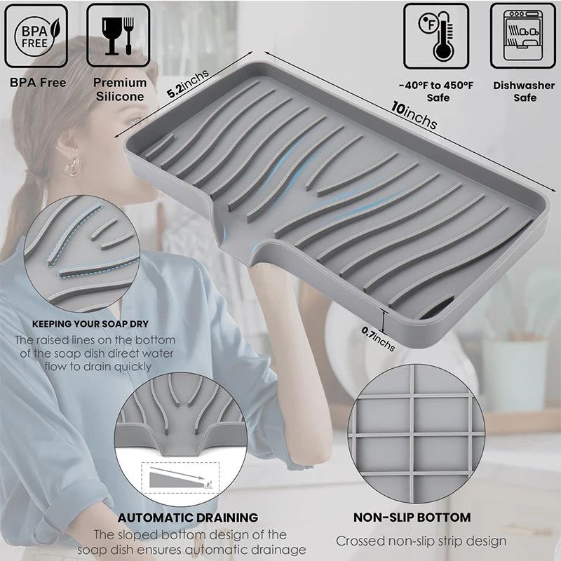 Silicone Bathroom Soap Dishes Sink Sponge Holder for Kitchen, Shower Soap Sponge Tray Counter Rubber Soap Dish with Drain