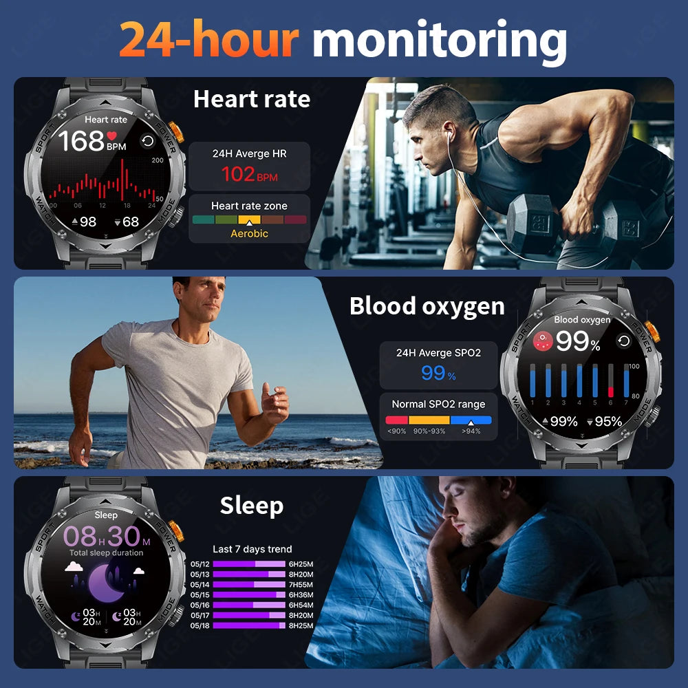 LIGE 2025 New For HUAWEI Xiaomi 1000mah AMOLED Smart Watch Men Sports Fitness LED Flashlight 3ATM Waterproof BT Call Smartwatch