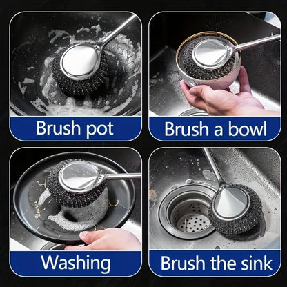 20/1Pcs Cleaning Brush Long Handle Pot Brush Kitchen Pan Pot Dishes Steel Wool Steel Wire Metal Wool Scourer Household Cleaning