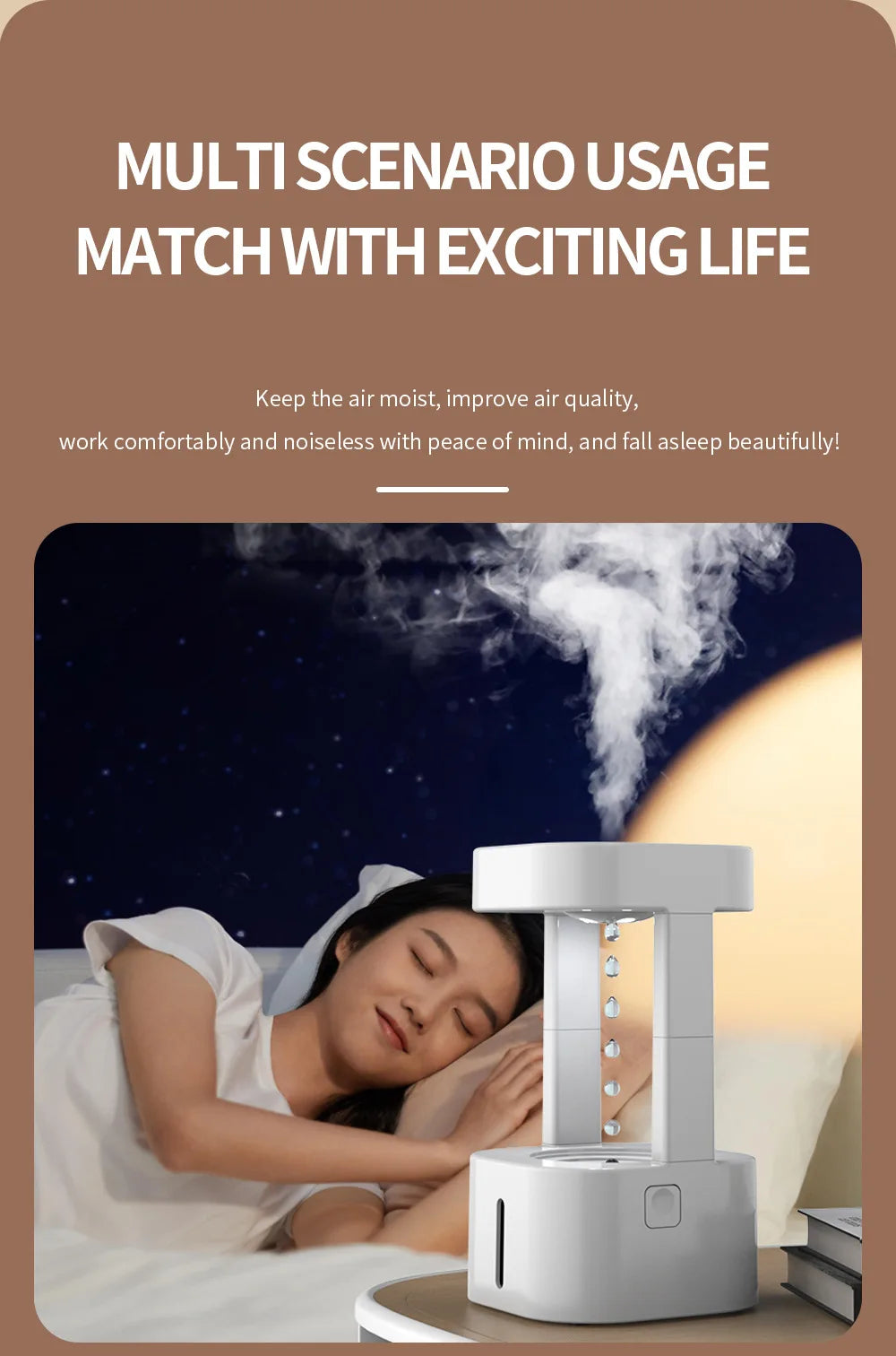 Anti-Gravity Drip Humidifier, LED Colorful Night Light Remote Control