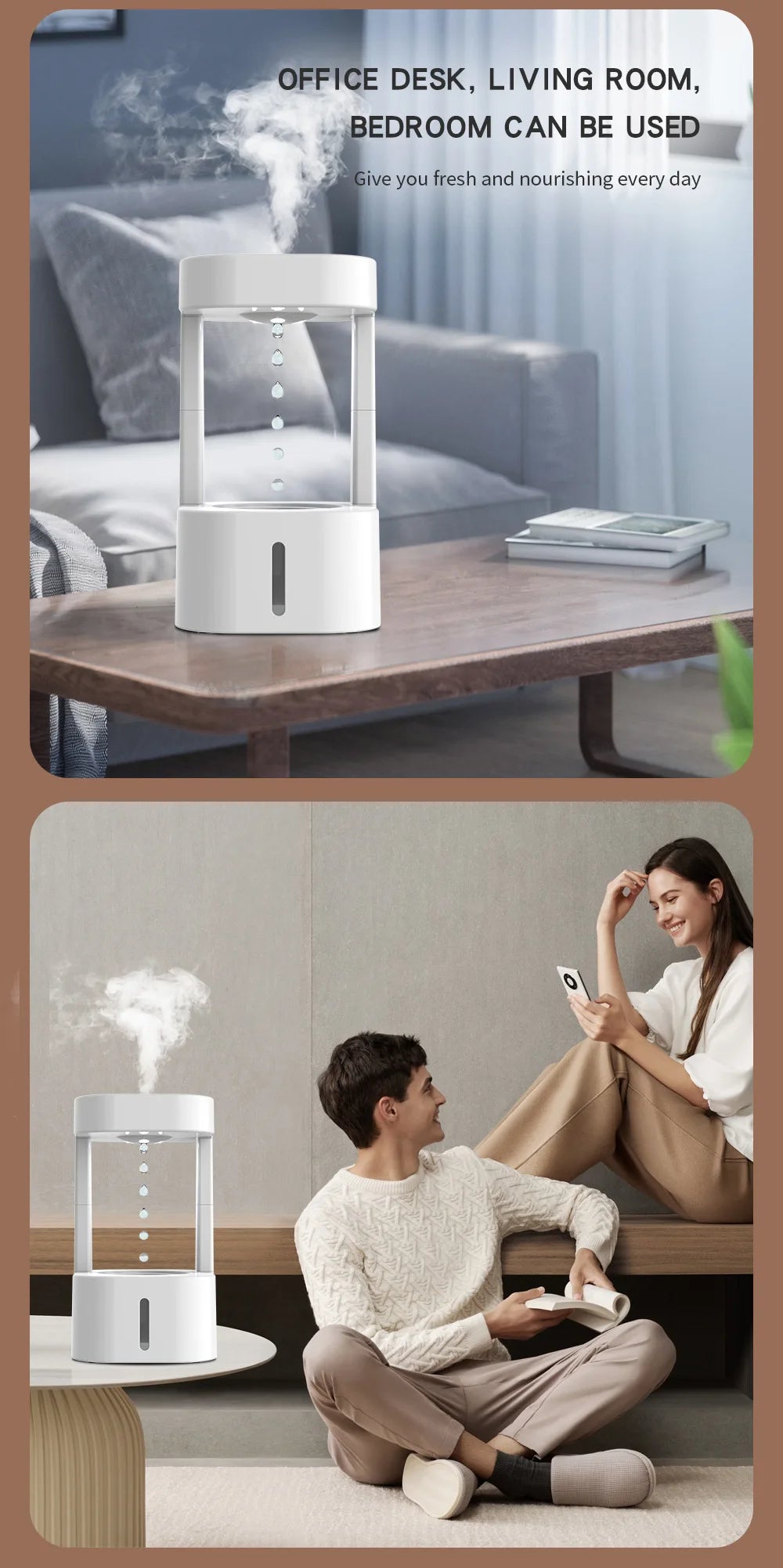 Anti-Gravity Drip Humidifier, LED Colorful Night Light Remote Control