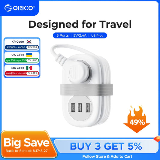ORICO Electrical Power Strip 2AC Outlets 2 USB Port 1 Type C Socket Extension Cord