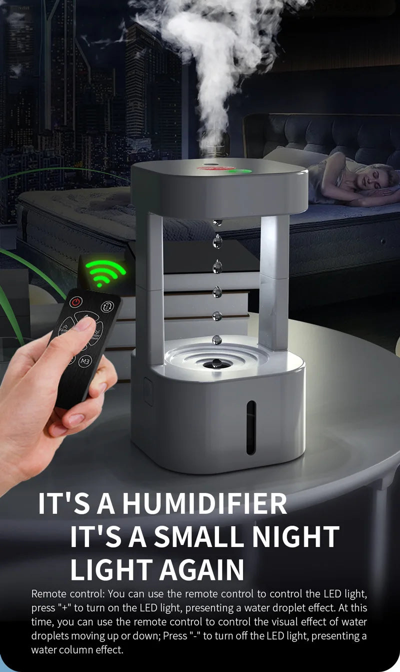Anti-Gravity Drip Humidifier, LED Colorful Night Light Remote Control