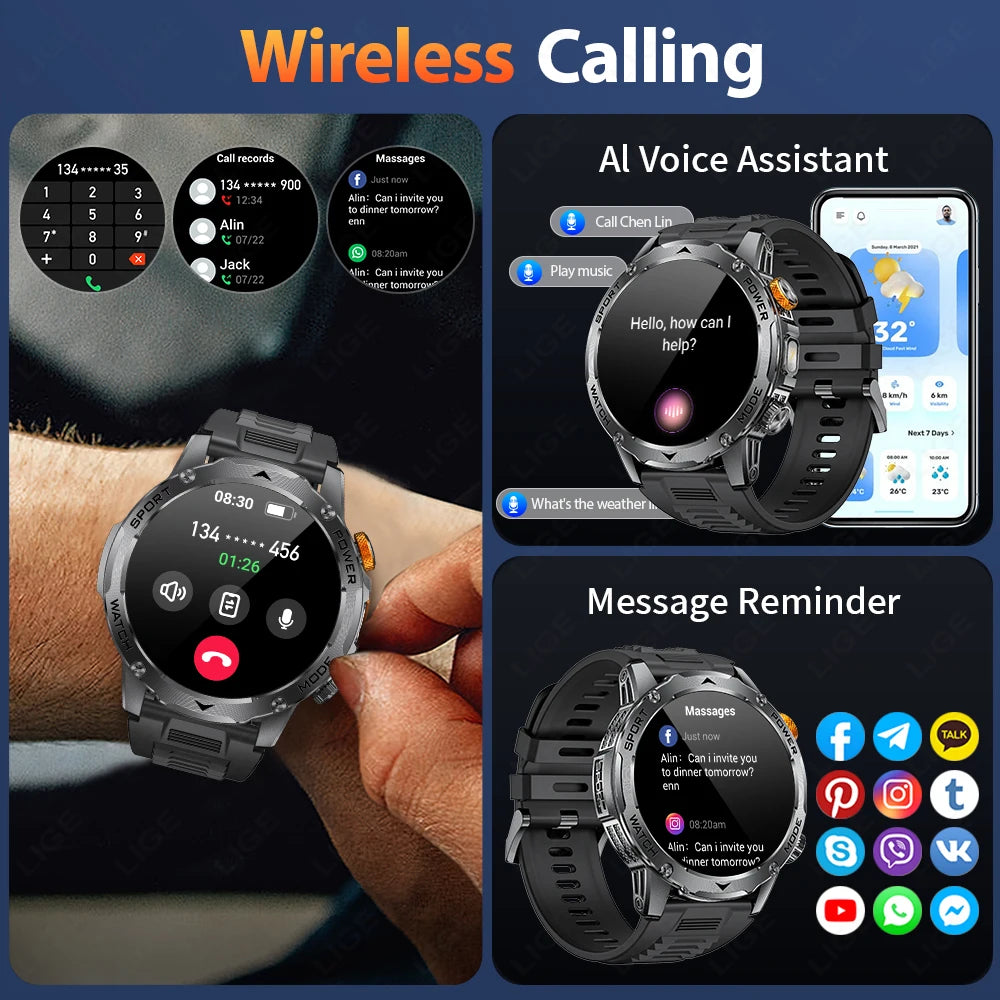 LIGE 2025 New For HUAWEI Xiaomi 1000mah AMOLED Smart Watch Men Sports Fitness LED Flashlight 3ATM Waterproof BT Call Smartwatch
