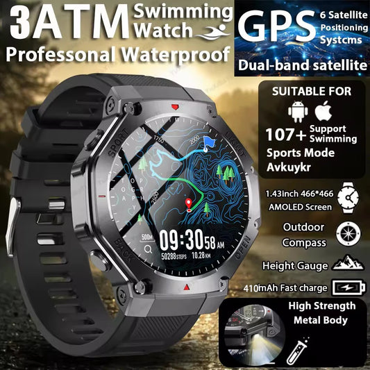 2025 New Men Sports Smart Watch GPS AMOLED Heart Rate Monitoring LED Flashlight NFC Bluetooth Call 3ATM Waterproof Smartwatches