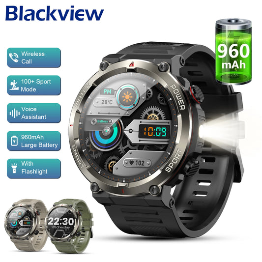 Blackview New IP68 Waterproof Smart Watch with LED Flashlight 960mAh Battery Life Bluetooth Call Outdoor Watches for Man Woman