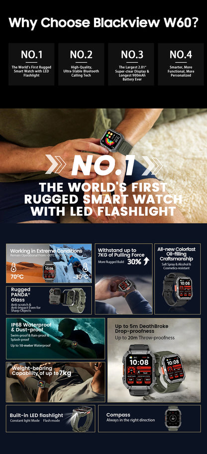 Blackview W60 2024 New Smartwatch 2.01'' HD Display TFT Rugged Smart Watch for Outdoor With Emergency Lighting Bluetooth Calling