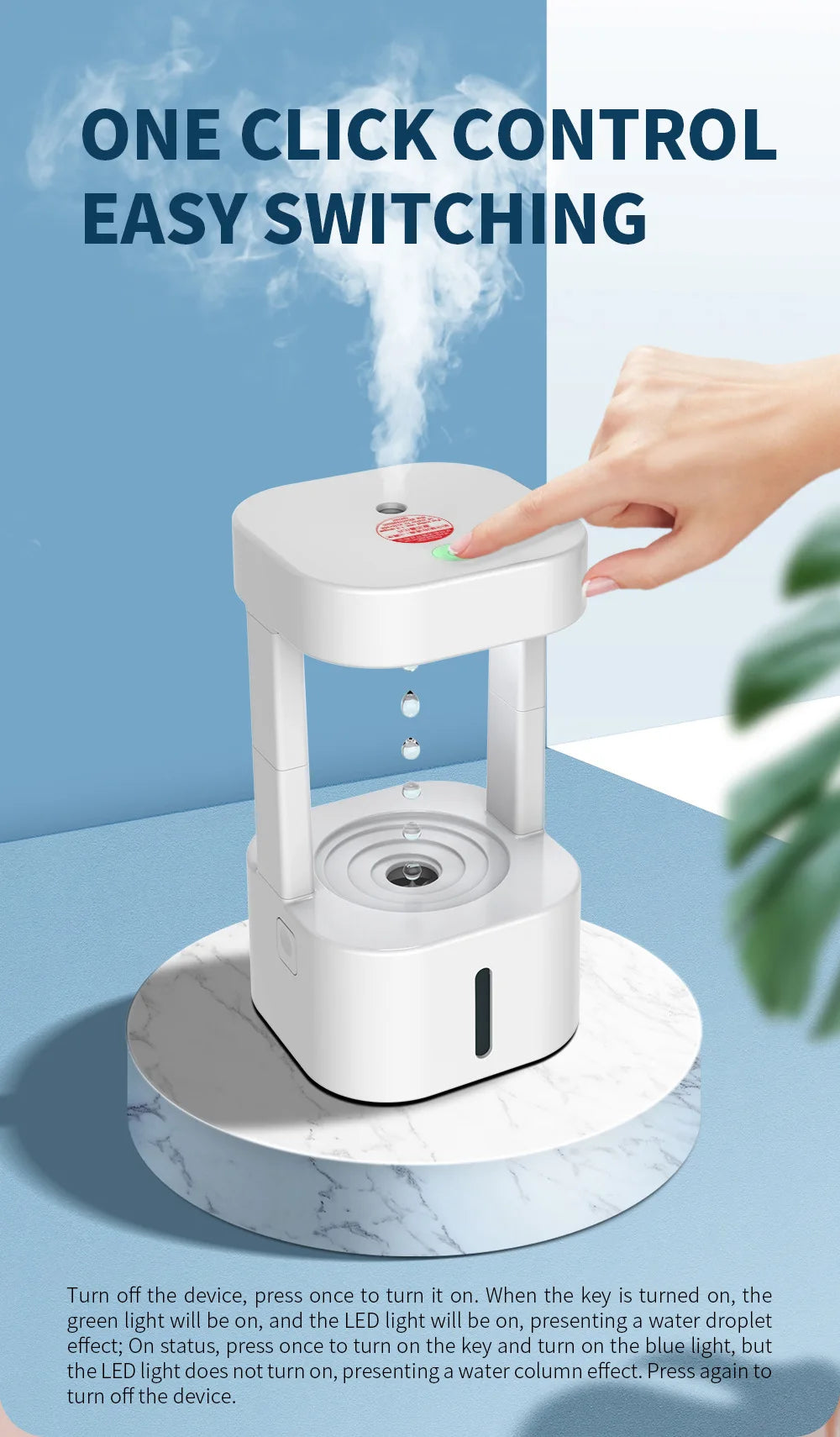 Anti-Gravity Drip Humidifier, LED Colorful Night Light Remote Control