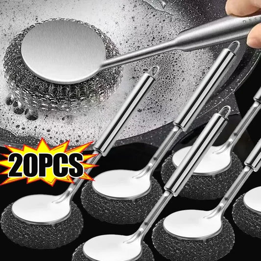 20/1Pcs Cleaning Brush Long Handle Pot Brush Kitchen Pan Pot Dishes Steel Wool Steel Wire Metal Wool Scourer Household Cleaning