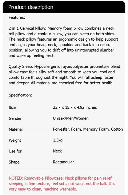 1pc Memory Foam Cervical Pillow, 2 in 1 Ergonomic Contour Orthopedic Pillow