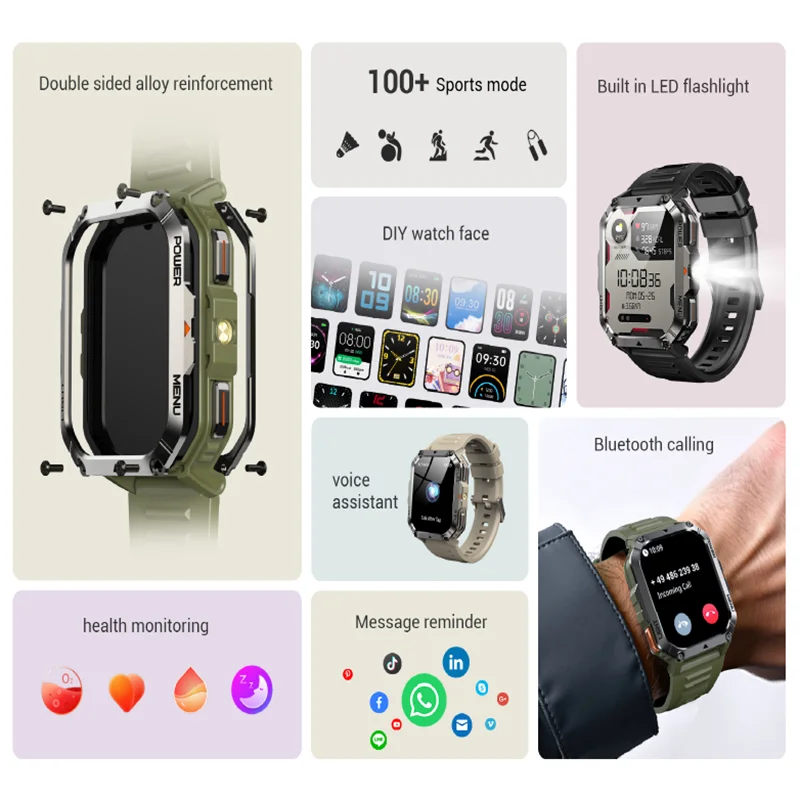 Blackview 2025 New Outdoor Smartwatch 900mAh W70 Pro 2.01'' TFT HD Screen Waterproof Men Watches with Emergency Lighting Compass