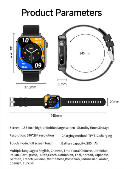 LIGE 1.83" HD Screen Smart Watch Men BT Call type-c Fast Charging New Watches IP67 Waterproof Sports Health Monitor Smartwatches