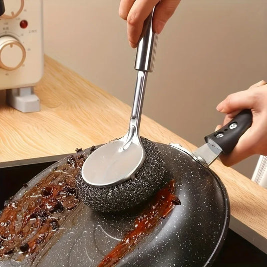 20/1Pcs Cleaning Brush Long Handle Pot Brush Kitchen Pan Pot Dishes Steel Wool Steel Wire Metal Wool Scourer Household Cleaning